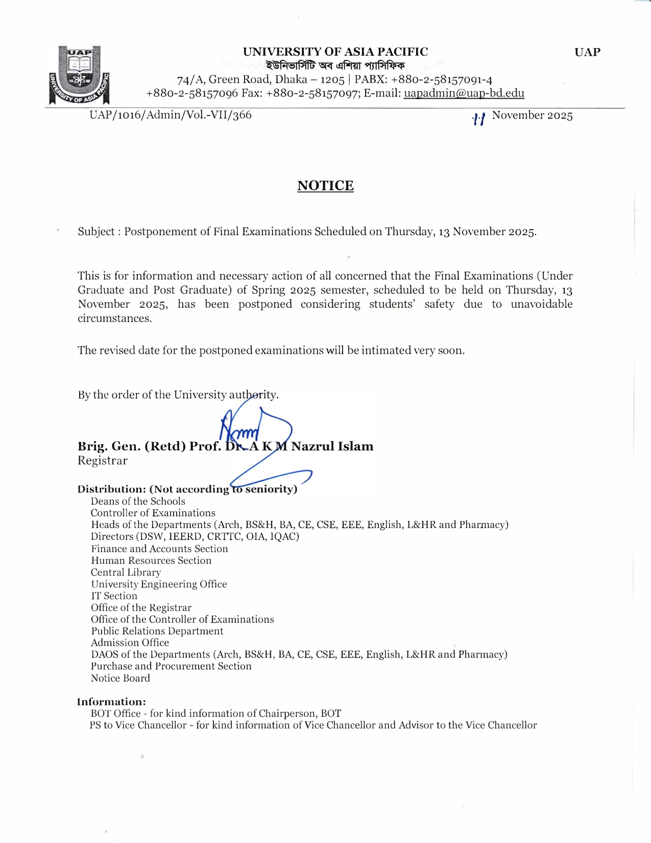 Postponement of Final Examinations Scheduled on Thursday, 13 November 2025.