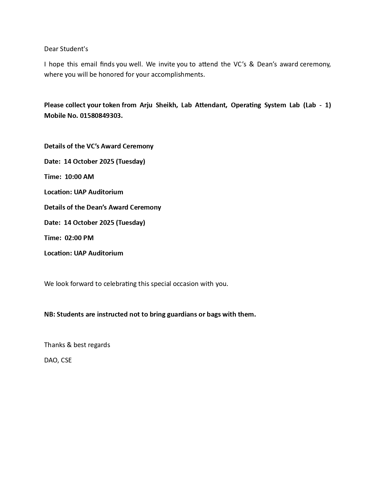 Collect your token for the VC’s and Dean’s Award